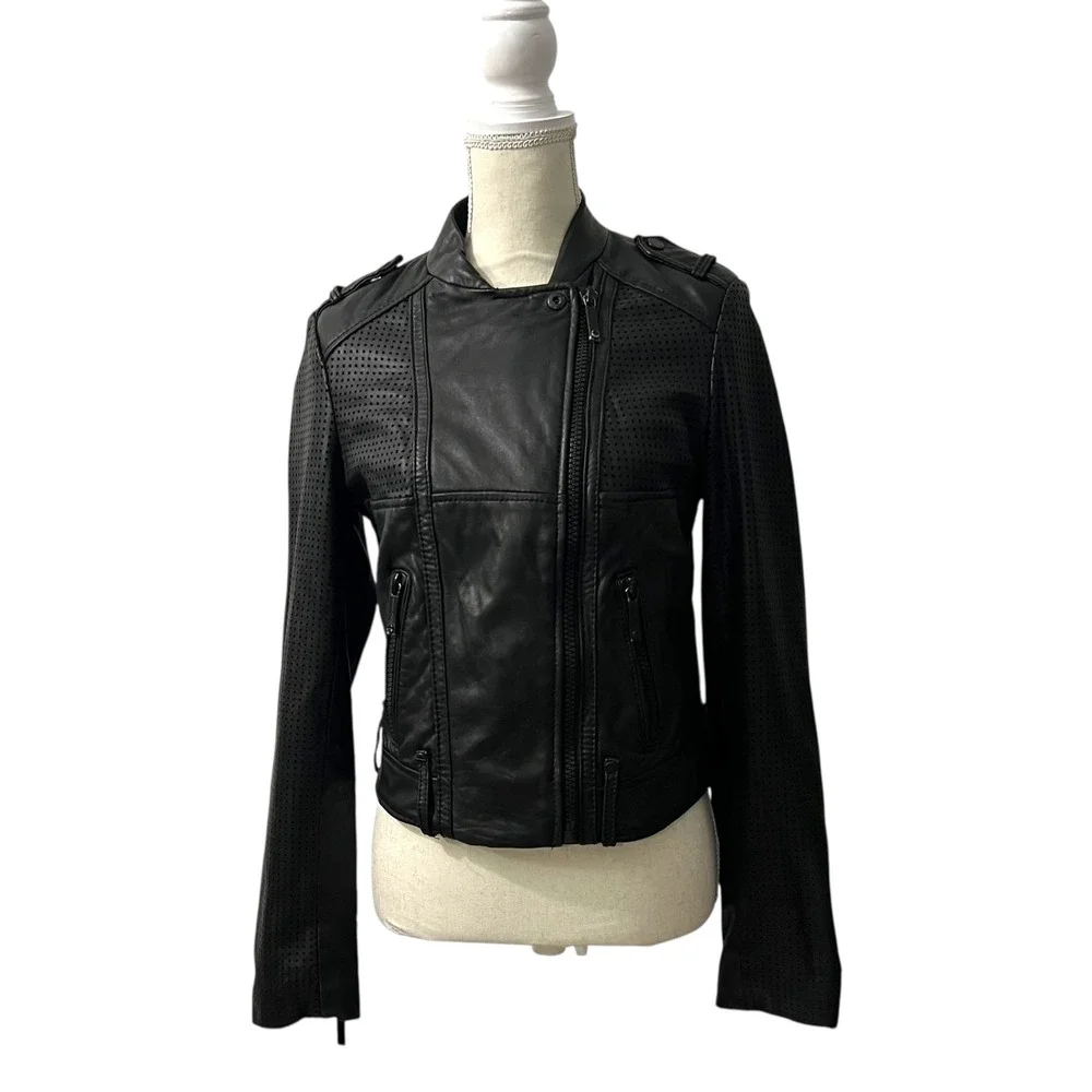 Michael Kors Black Leather Perforated‎ Moto Biker Jacket Small Zip Up Epaulettes
